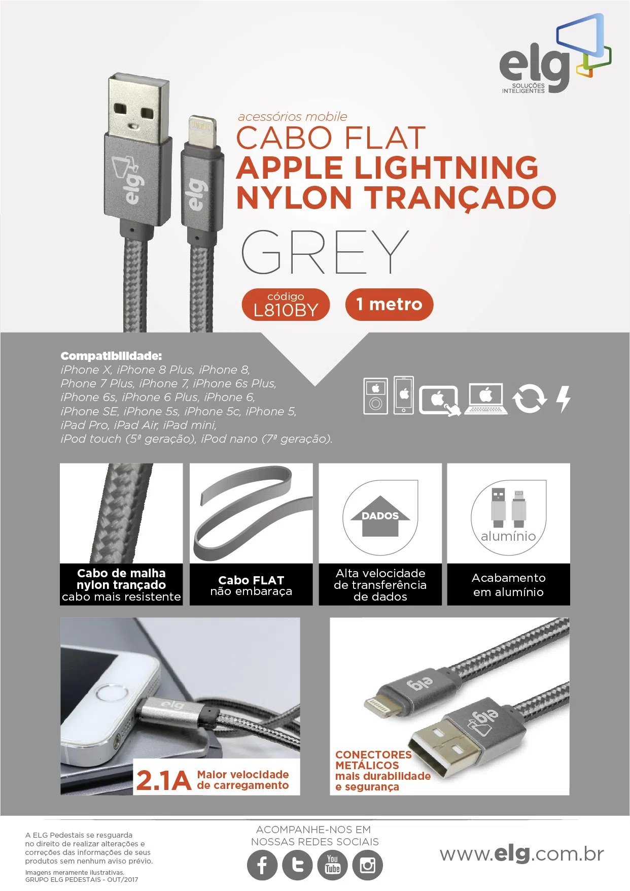 Cabo Lightning Flat Em Tecido Trançado Nylon Reforçado Sincronização / Recarga – 1M - Cinza - L810BY - ELG Cabo Lightning Flat Em Tecido Trançado Nylon Reforçado Sincronização / Recarga – 1M - Cinza - L810BY - ELG