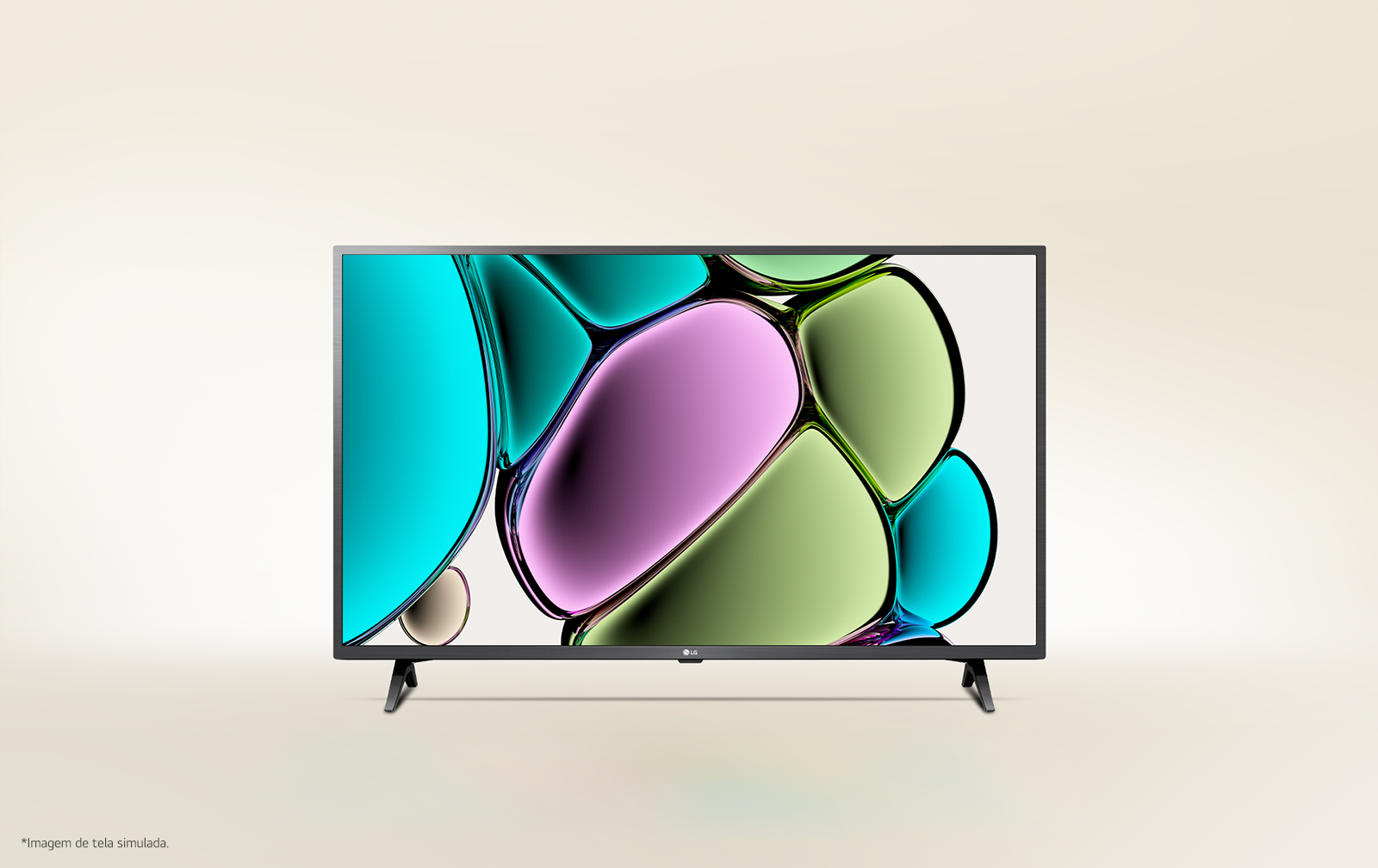 Uma arte de bolha com textura de vidro colorida com azul esverdeado, verde claro, violeta e marrom claro em uma TV LG HD.