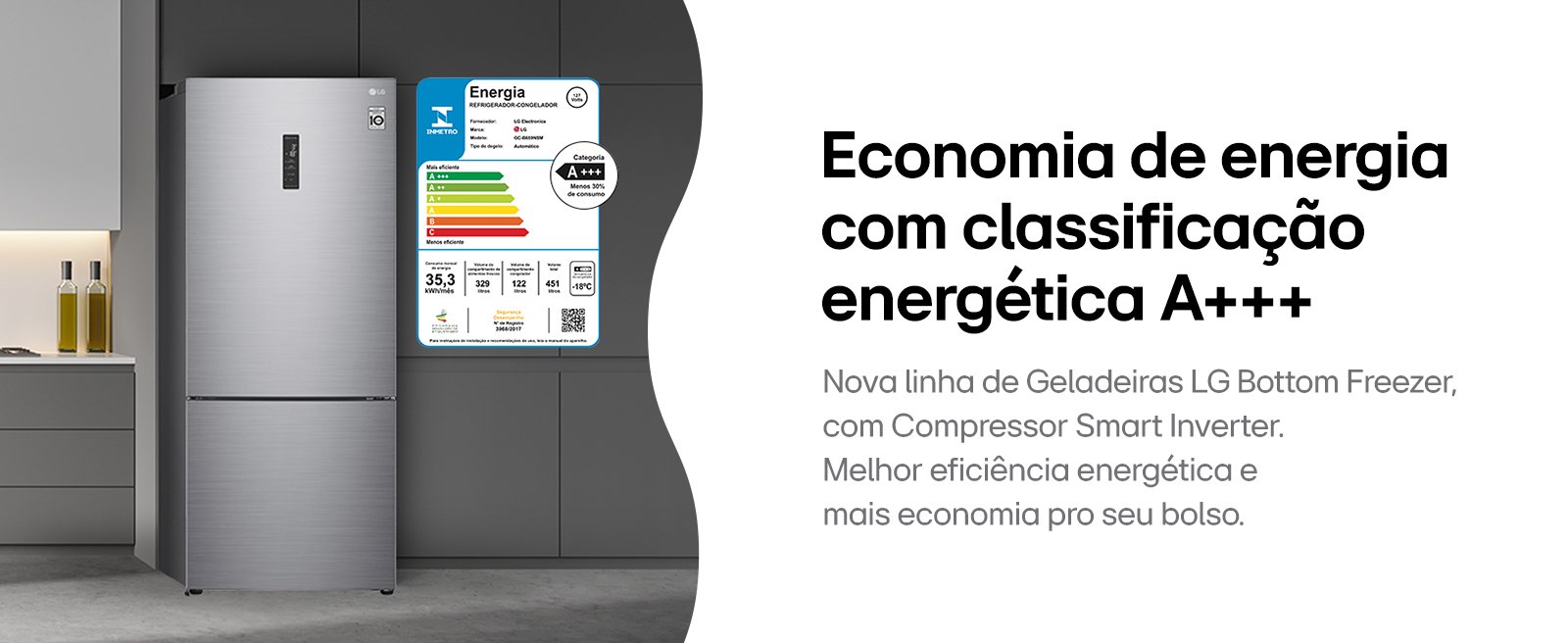 Geladeira ao lado de suas especificações técnicas