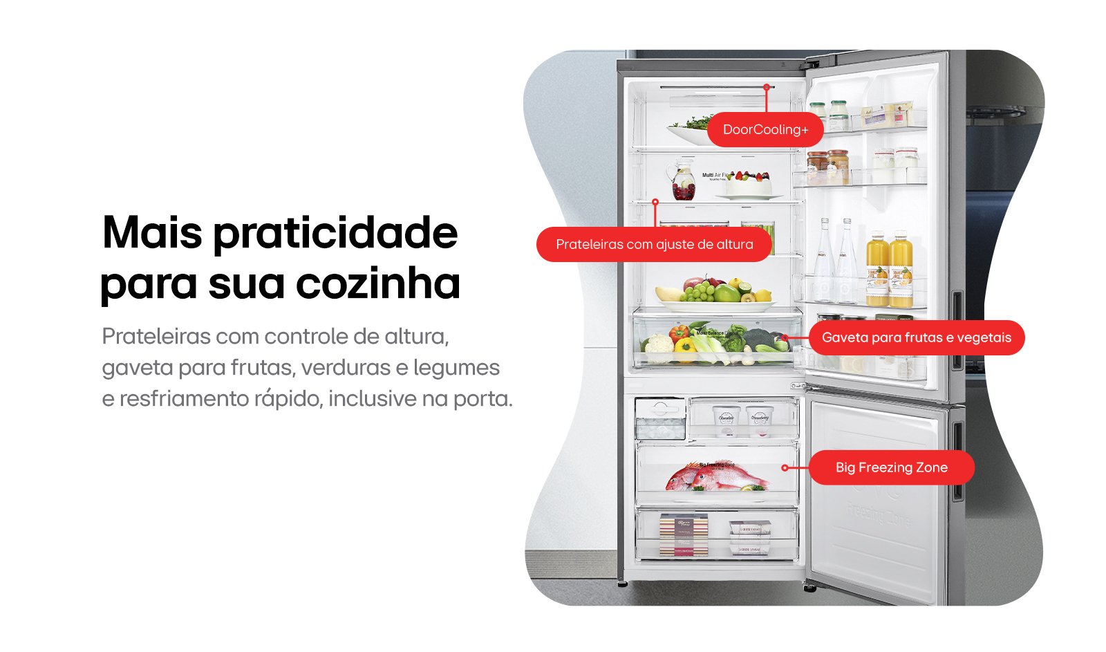 Geladeira aberta exibindo seus compartimentos reservados para cada tipo de alimento que vai para o seu interior