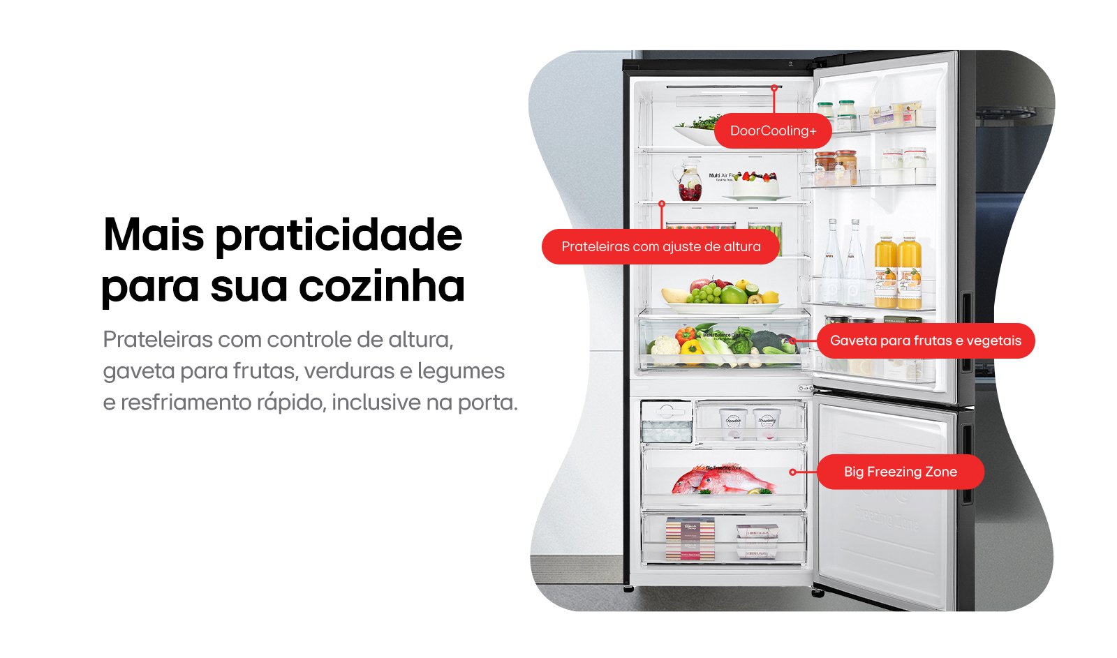 Geladeira aberta exibindo seus compartimentos reservados para cada tipo de alimento que vai para o seu interior