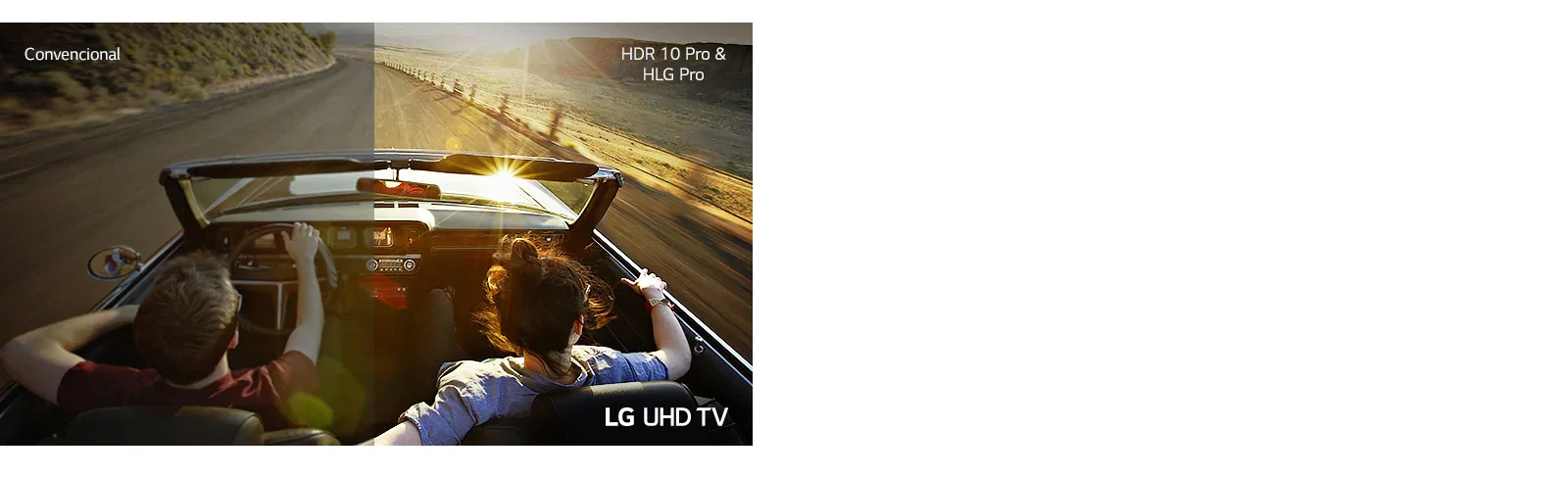 Visão traseira dividida do casal dirigindo o carro. À esquerda, a tela mostra a qualidade de imagem da TV convencional. À direita, a tela mostra a qualidade de imagem da TV LG UHD.