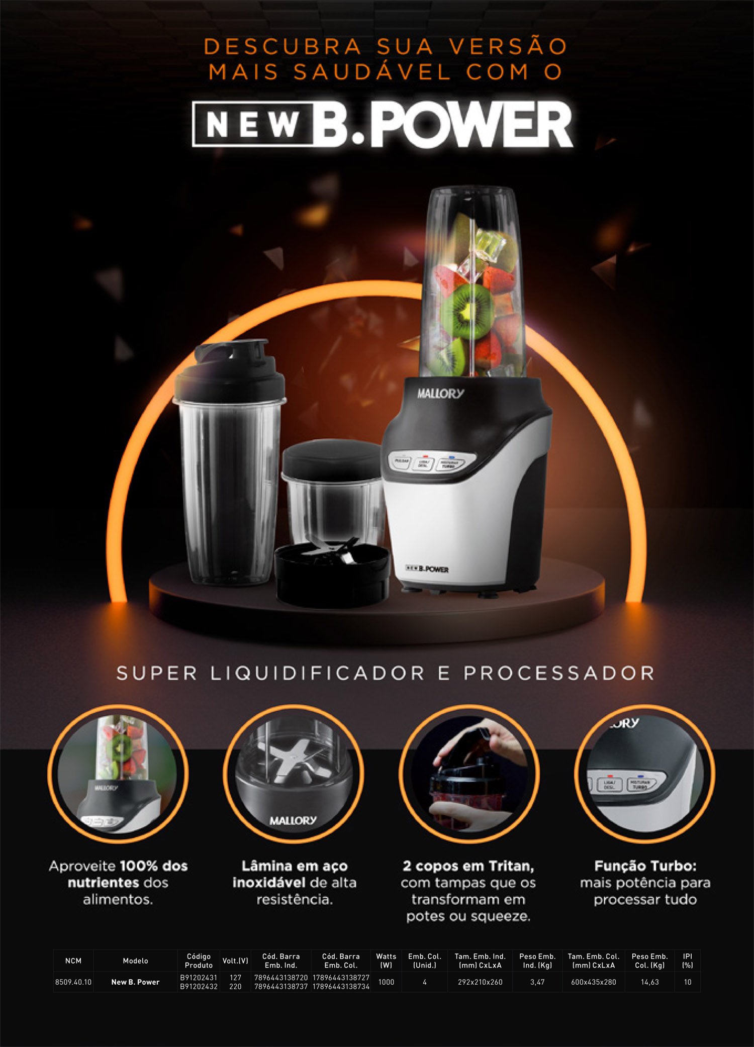 Liquidificador E Processador Mallory New B. Power 1000W Preto B91202432 ...