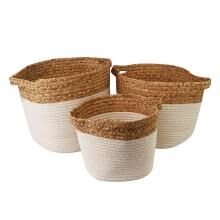 Conjunto de Cestos Algodão com Alça com 3 Peças Natural e Branco - A\CASA 