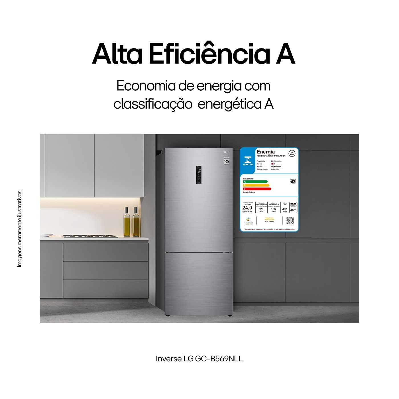 Geladeira ao lado de suas especificações técnicas