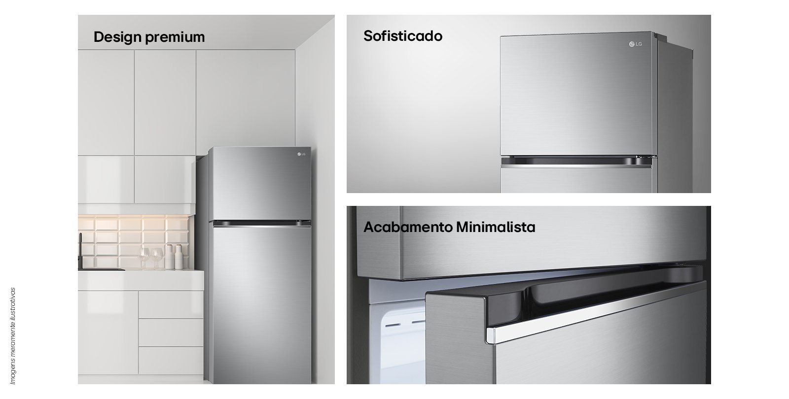 três images dos detalhes da geladeira, mostrando seu acabamento, cores e acabamento