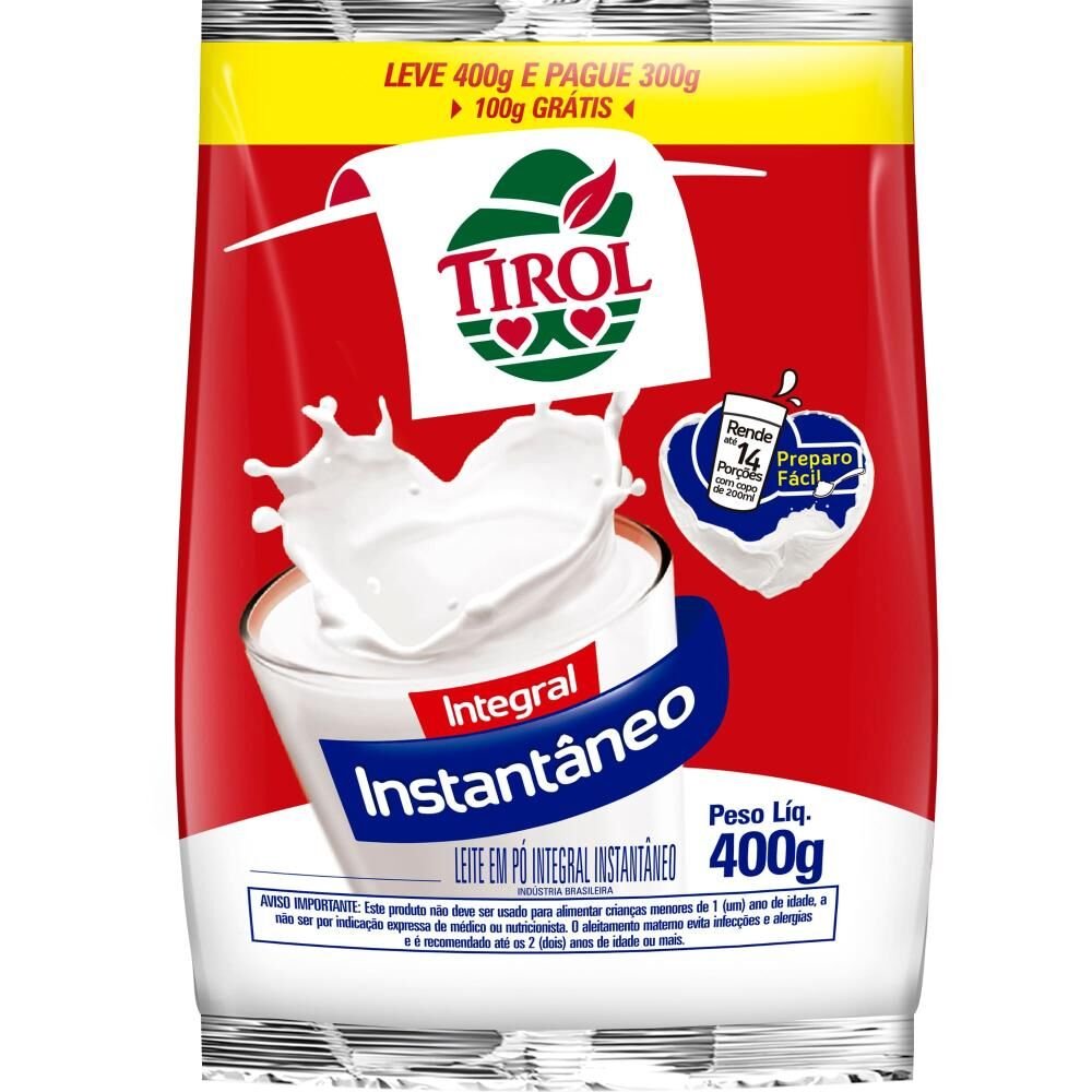 Leite em Pó TIROL Instantâneo Integral Leve 400g Pague 300g