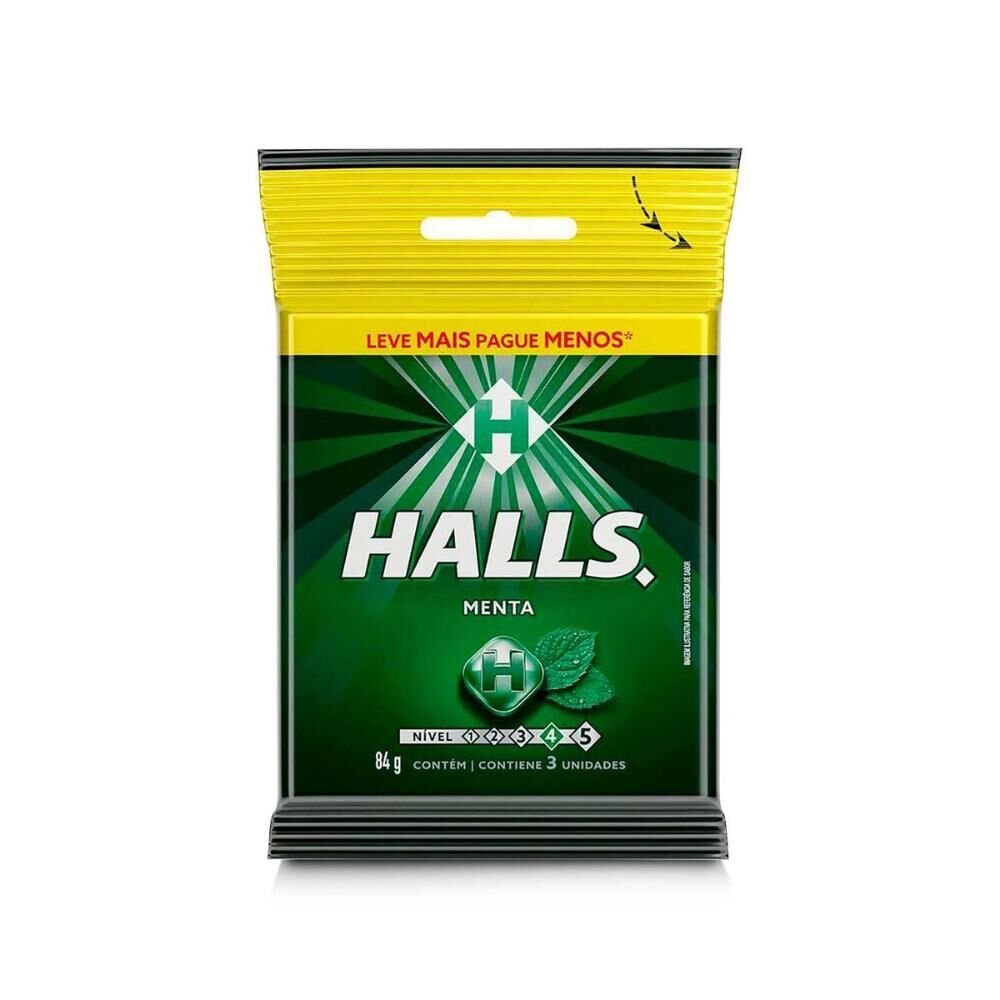 Bala HALLS menta 84g pacote com 3 unidades