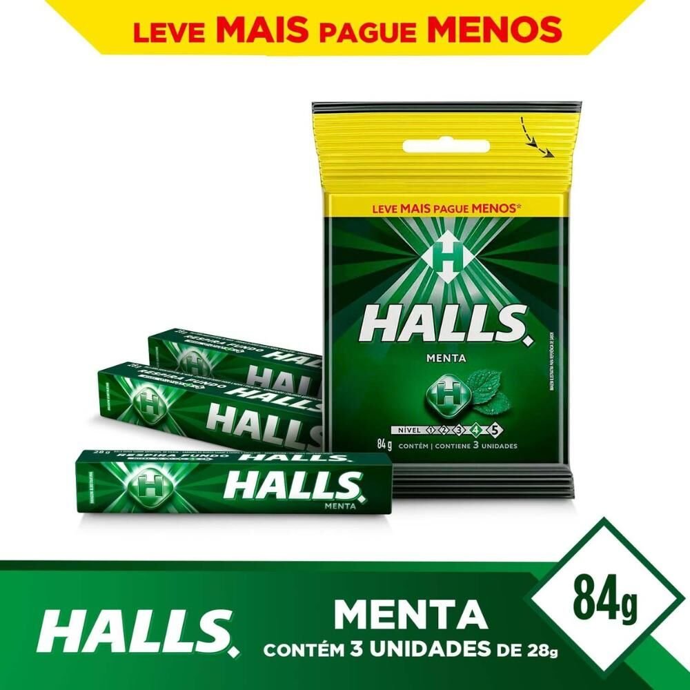 Bala HALLS menta 84g pacote com 3 unidades