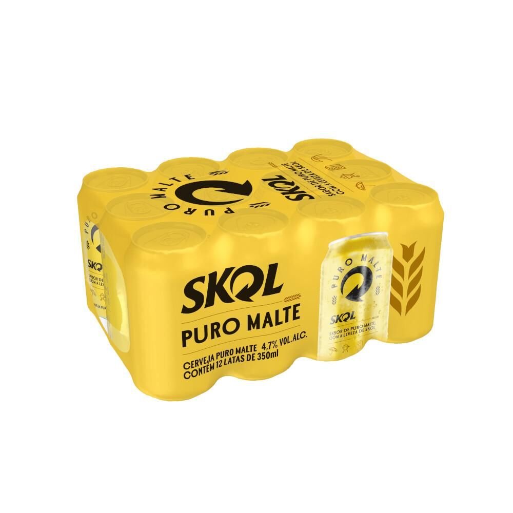 Cerveja SKOL Puro Malte Lata 350ml - Pack com 12 Unidades